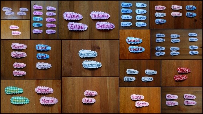 haarspeldjes met naam erop geborduurd